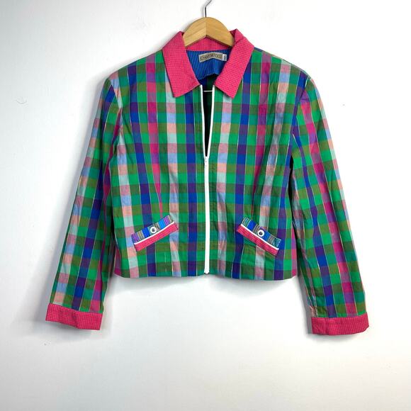 Vintage 90s Y2K Canvasbacks Madras Plaid Cropped Full Zip Jacket 12P 12 Petite L - Picture 1 of 11